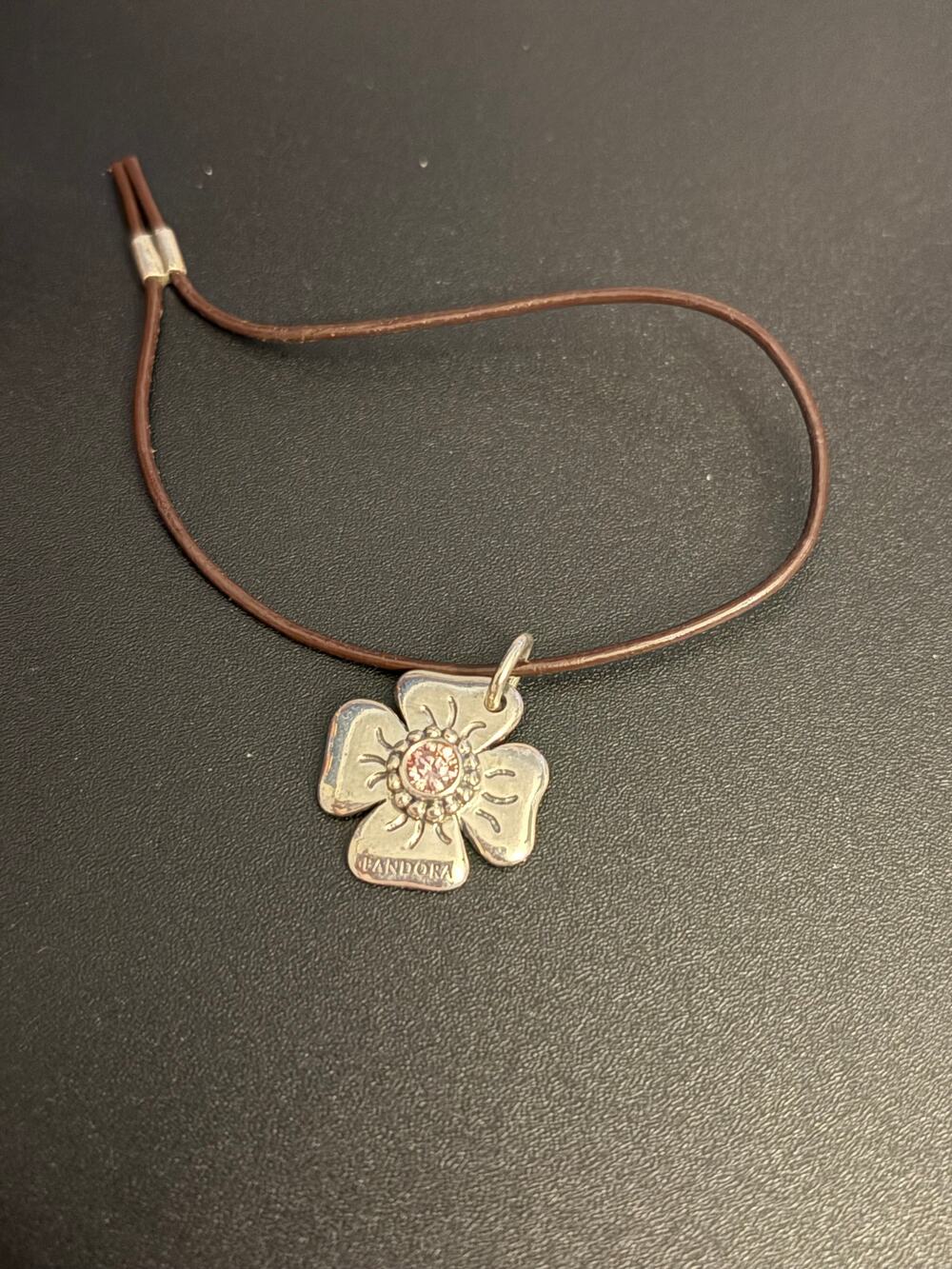 Pandora Flower Clasp Opener Pink CZ  Leather Cord Holder